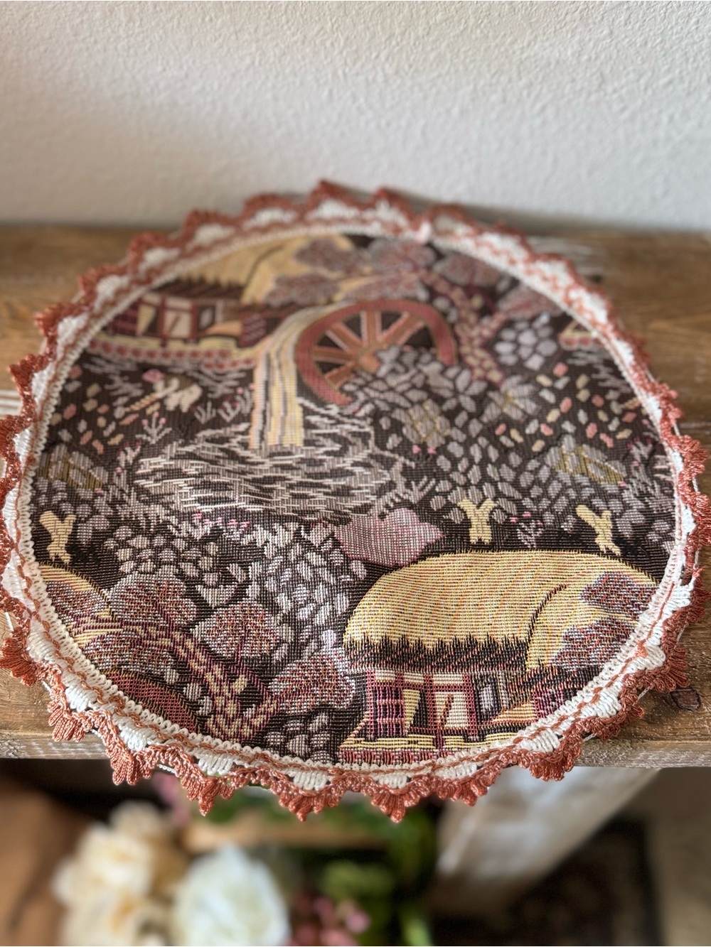 Handstitched Round Cottagecore Wall Hanging in Brown and Rust with Crochet trim